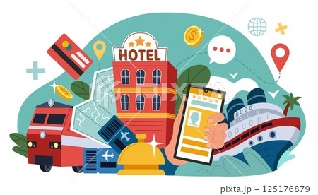 Tourism travel. Vacation hotel. Flight reservation. Trip ticket booking. Business guide map. Online app service. Yacht cruise. Hostel bell. Summer journey. Tour route. Mobile phone. Vector concept 125176879