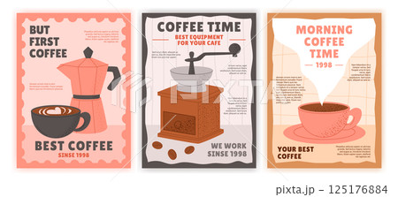Coffee. Hot drink cafe poster. Tasty morning. Restaurant food menu with espresso, latte, full aroma hot liquid in mug, caffeine. Grinder and geyser coffee maker. Vector graphic garish flyer template Coffee. Hot drink cafe poster. Tasty morning. Restaurant food menu with espresso, latte, full aroma hot liquid in mug, caffeine. Grinder and geyser coffee maker. Vector graphic garish flyer template 125176884