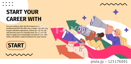 Career growth in business. Recruitment landing page. Students search job. Future work. Way arrow of choice. People looking through binoculars. Successful HR agency website design. Vector background Career growth in business. Recruitment landing page. Students search job. Future work. Way arrow of choice. People looking through binoculars. Successful HR agency website design. Vector background 125176891