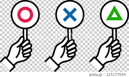 Hands holding answer cards with circle, cross, triangle, right or wrong answers 125177034