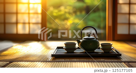 Japanese tea set on tatami mat at sunrise 125177105