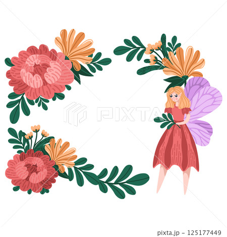Rustic floral arrangement in cartoon vector style. Peony, daisy, and fairy in soft warm tones. Decorative flower wreath for cards, decorations or packaging. Ideal for wedding and floral design Rustic floral arrangement in cartoon vector style. Peony, daisy, and fairy in soft warm tones. Decorative flower wreath for cards, decorations or packaging. Ideal for wedding and floral design 125177449
