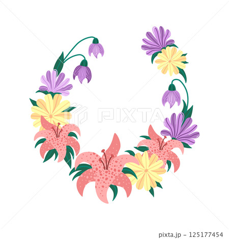 Rustic floral arrangement in vector style. Lily, daisy, and wildflowers in bright spring colors. Decorative flower wreath for cards, decorations or packaging. Ideal for wedding and floral design 125177454