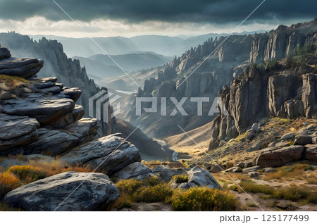 panorama of autumn landscape with rocks 125177499