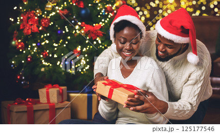 My personal Santa. Happy black woman receiving Christmas gift from her caring boyfriend while sitting near Xmas tree at home My personal Santa. Happy black woman receiving Christmas gift from her caring boyfriend while sitting near Xmas tree at home 125177546