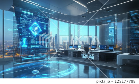 A modern office space features high-tech screens displaying data and analytics, with panoramic views of a bustling city skyline under bright daylight 125177789