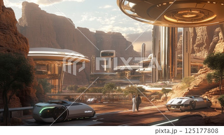 Two people walk along a street in a futuristic city, with flying cars and large, cylindrical buildings. 125177808