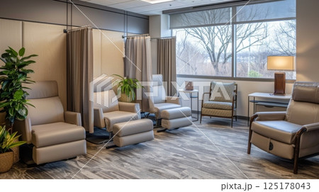 A waiting room with plush chairs in a semi-circle facing a large window. Plants and a table add to the decor, with a light-colored wood floor 125178043