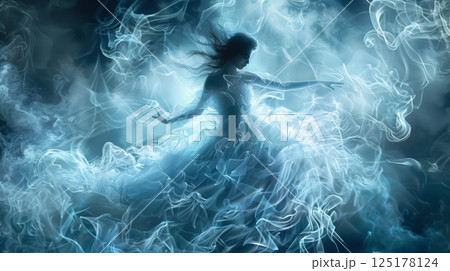 A woman in a long dress dances in a cloud of blue smoke. 125178124