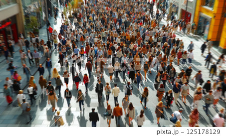 A bustling scene as a diverse crowd of individuals walk down a busy urban street, filling the sidewalk with movement and activity. A bustling scene as a diverse crowd of individuals walk down a busy urban street, filling the sidewalk with movement and activity. 125178129