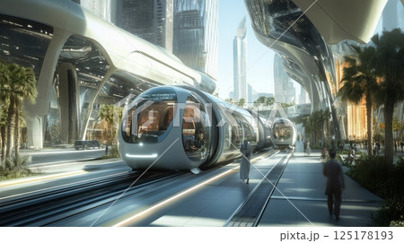 A modern transport hub features sleek, futuristic trains awaiting passengers amidst towering buildings and green palm trees, creating a vibrant urban atmosphere under bright daylight. 125178193
