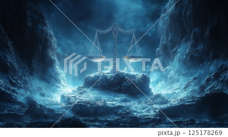 Scales of justice stand prominently on a rocky outcrop, shrouded in mist and moody lighting. The scene evokes a sense of mystery and solemnity, highlighting themes of fairness. 125178269