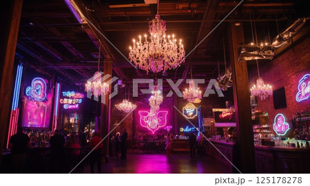 A lively nightclub features colorful neon lights and elegant chandeliers, creating a vibrant atmosphere for patrons. 125178278