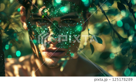 A man with green glitter on his face stands in a forest, looking intently at the camera. A man with green glitter on his face stands in a forest, looking intently at the camera. 125178289