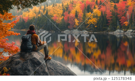 A hiker sits on a large rock by a serene lake, surrounded by trees showcasing vibrant autumn colors. 125178348
