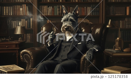 A dog dressed in formal attire sits comfortably in a luxurious library, holding a pipe. The room is filled with books and warm lighting, creating a cozy atmosphere for relaxation. 125178358