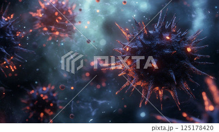 Vibrant virus particles are dispersed in a dark, abstract environment, showcasing intricate details and luminous features 125178420