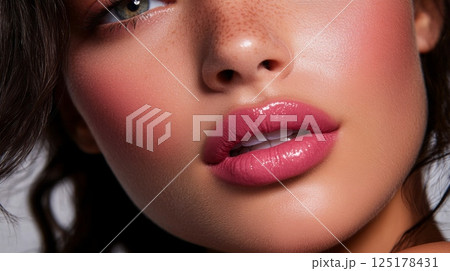A model highlights her striking features with bold lip color and radiant skin, capturing the essence of modern beauty in this close-up. Freckles and a natural glow complement her makeup. 125178431
