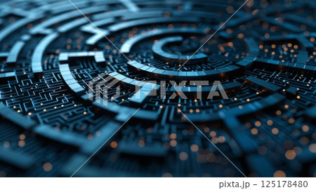 A close-up view of a blue, circular maze, rendered in 3D with glowing lights at the intersections. 125178480