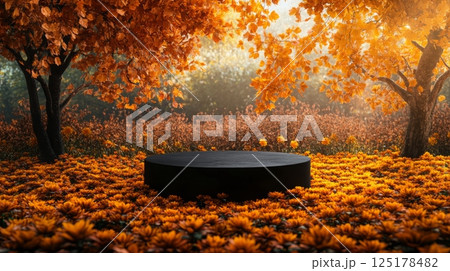 A circular platform rests in a colorful autumn landscape filled with bright orange leaves and flowers. The scene is illuminated by soft sunlight, enhancing the warm, inviting atmosphere. 125178482