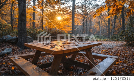 Golden sunlight filters through trees, casting a warm glow on a rustic picnic table surrounded by vibrant autumn leaves. The tranquility of the forest enhances the peaceful atmosphere. Golden sunlight filters through trees, casting a warm glow on a rustic picnic table surrounded by vibrant autumn leaves. The tranquility of the forest enhances the peaceful atmosphere. 125178512