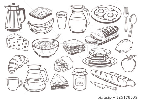 Breakfast icons set. Milk jug coffee pot cup juice sandwiches fried eggs pancakes toast with jam croissant cheese and cereal with milk for market product design. Hand drawn sketch illustration. 125178539