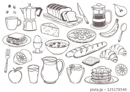 Breakfast icons set. Milk jug coffee pot cup juice sandwiches fried eggs pancakes toast with jam croissant cheese and cereal with milk for market product design. Hand drawn sketch illustration. 125178540