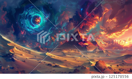 A desert landscape with large pyramids under a vibrant sky filled with swirling clouds and a glowing cosmic ring. 125178556