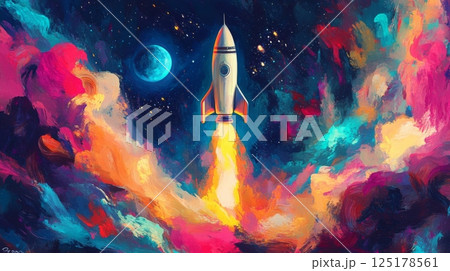A rocket ascends into the night sky, leaving a trail of flames. Colorful clouds of pink and blue swirl around it, while a bright moon and distant stars fill the cosmic backdrop. 125178561