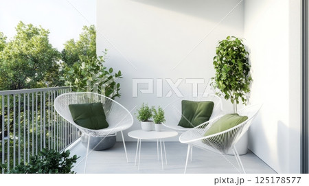A cozy balcony features two white chairs with green cushions, a small round table, and various plants. Sunlight illuminates the setting, creating a relaxing atmosphere for outdoor enjoyment. 125178577