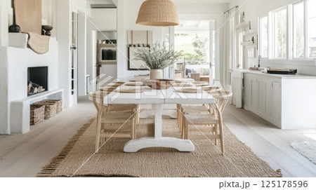 A modern dining room features a long white table surrounded by rattan chairs and natural accents. Light streams in through large windows, creating a welcoming atmosphere filled with earthy tones. 125178596