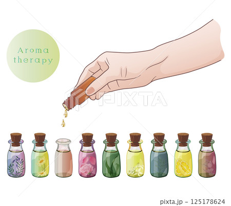 色々な香りの精油をブレンドして素敵な香りを作っているイラスト 125178624