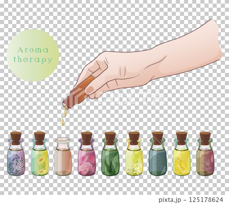 色々な香りの精油をブレンドして素敵な香りを作っているイラスト 125178624