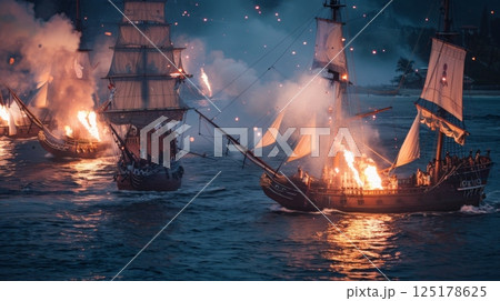 Three ships engaged in a fierce battle, engulfed in flames and smoke, as cannon fire erupts in the darkening sky. Three ships engaged in a fierce battle, engulfed in flames and smoke, as cannon fire erupts in the darkening sky. 125178625