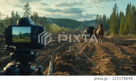 A horse pulls a logging cart through a cleared forest area, while a camera captures the scene amidst tall trees and a dramatic sky. A horse pulls a logging cart through a cleared forest area, while a camera captures the scene amidst tall trees and a dramatic sky. 125178648
