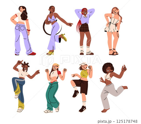 Young person with musical headset. Happy girl dancing. Smiling people at disco party. Woman listening to music. Earphones for joy. Funny character with audio headphones. Vector cartoon dancers set Young person with musical headset. Happy girl dancing. Smiling people at disco party. Woman listening to music. Earphones for joy. Funny character with audio headphones. Vector cartoon dancers set 125178748