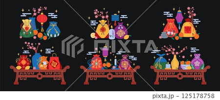 Asian bag. Chinese purse on traditional table. Japanese gift. Oriental flower decoration. Festival money lucky pouch with ornament. Wooden tray with holiday treats. Vector Korean tidy compositions set 125178758