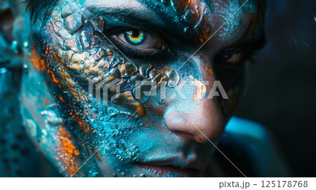 A person with blue and gold face paint stares intensely at the camera. 125178768