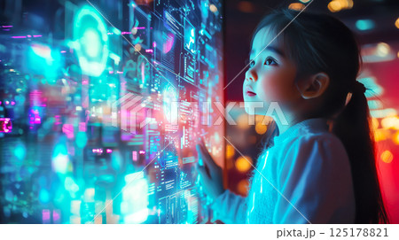 A kid girl learns online using futuristic technology. The concept of the integration of advanced digital tools in education, and learning experiences for the future generation. Generative AI. 125178821