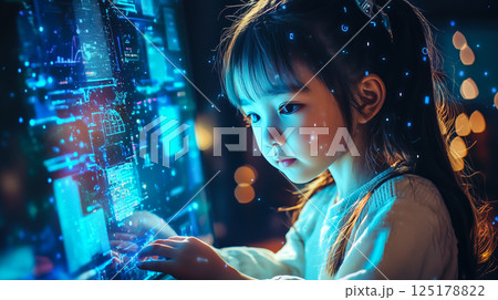 A kid girl learns online using futuristic technology. The concept of the integration of advanced digital tools in education, and learning experiences for the future generation. Generative AI. 125178822