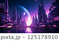 異星人が作り出した有機的なフォルムのビル群。紫色の夜空に複数の月と奇妙な形の銀河が見える 125178910