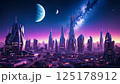 異星人が作り出した有機的なフォルムのビル群。紫色の夜空に複数の月と奇妙な形の銀河が見える 125178912
