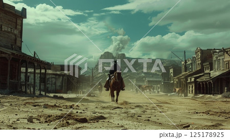 A cowboy on horseback navigates a deserted Western town with a mountain backdrop and swirling clouds, evoking a sense of adventure and history. 125178925