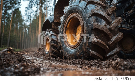 Powerful tractor tires navigate through muddy terrain in a dense forest, showcasing their rugged design and traction capabilities. 125178955