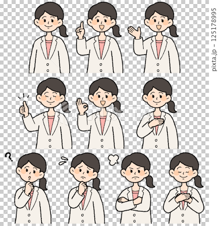 Hand-drawn style upper body pose set of a woman wearing a white coat 125178995