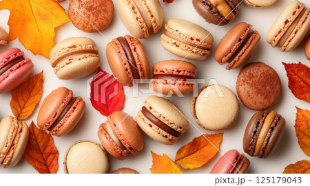 A collection of various macarons in shades of brown, pink, and cream scattered among vibrant autumn leaves. 125179043
