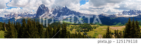 Majestic mountain panorama with snow capped peaks and near Valley of Funes at Dolomites, Italy 125179118