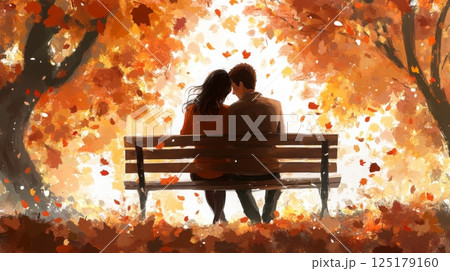 A couple enjoys a moment of intimacy on a bench, surrounded by colorful autumn leaves in a serene park 125179160