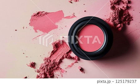 A compact of blush sits atop a gentle pink background, surrounded by loose powder in various shades of pink. The arrangement highlights the elegance of cosmetic products. 125179237