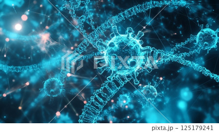 The image captures a fascinating close-up of viruses interacting with strands of genetic material, highlighted by a striking blue luminosity, showcasing the complexity of microscopic life. 125179241